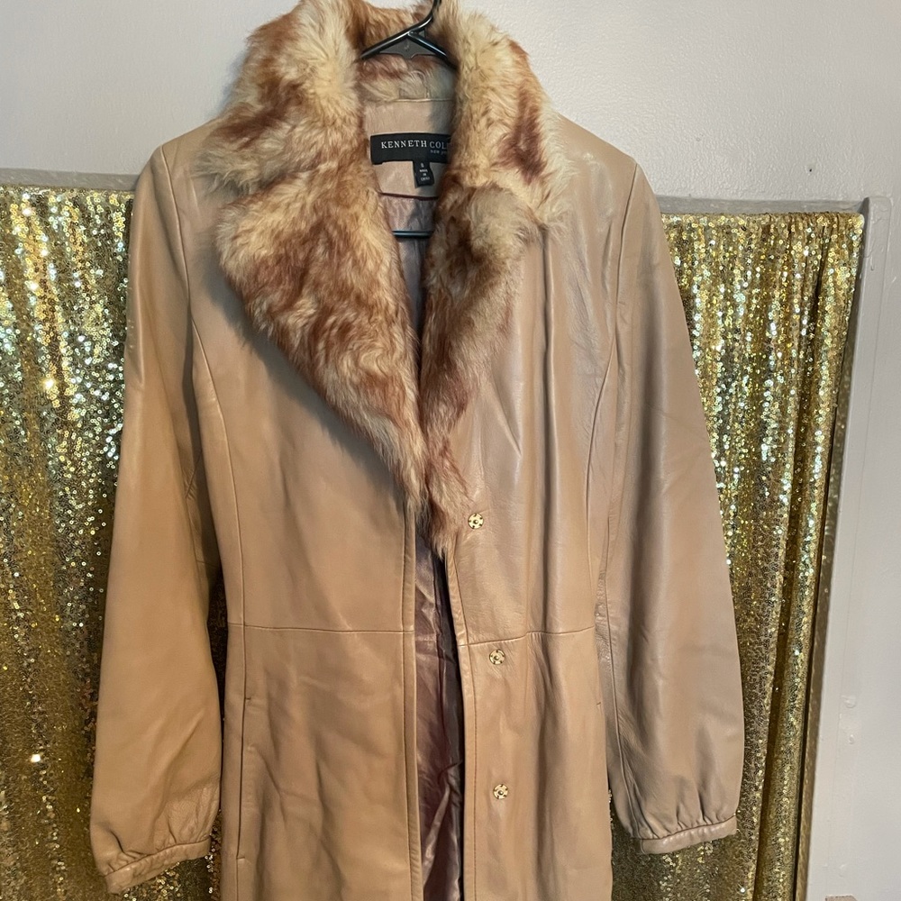 Kenneth Cole leather coat will shearling collar
